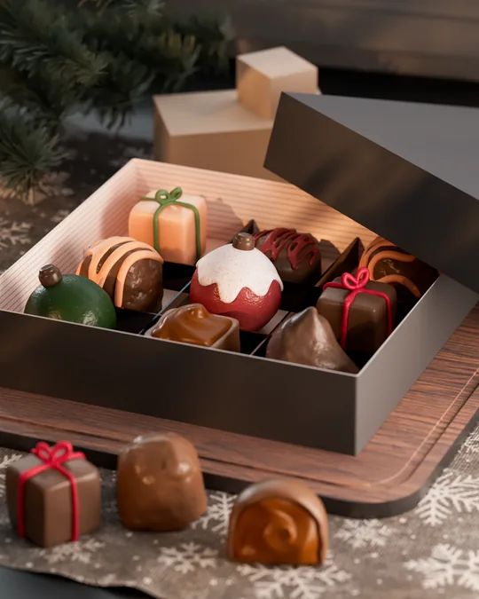 Editorial 3D render of an assorted chocolate box with holiday packaging. Maya modeling, ZBrush detailing, V-Ray lighting, Photoshop finalization.